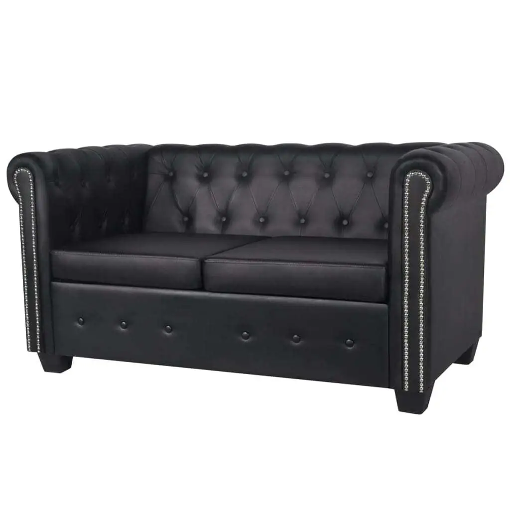 Stylish Black Chesterfield 2-Seater Sofa | Durable Artificial Leather Couch for Living Room