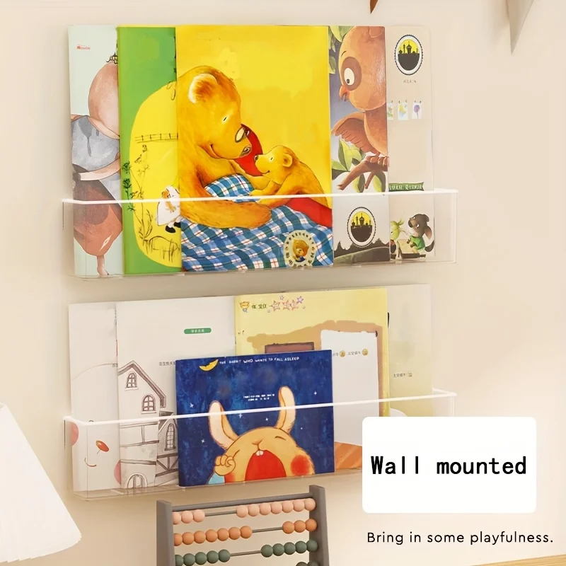 1pc Wall-Mounted Book Storage/Display Rack, Picture Book Storage, Transparent/Adhesive Backing, Classroom/Office/Bedroom Storage