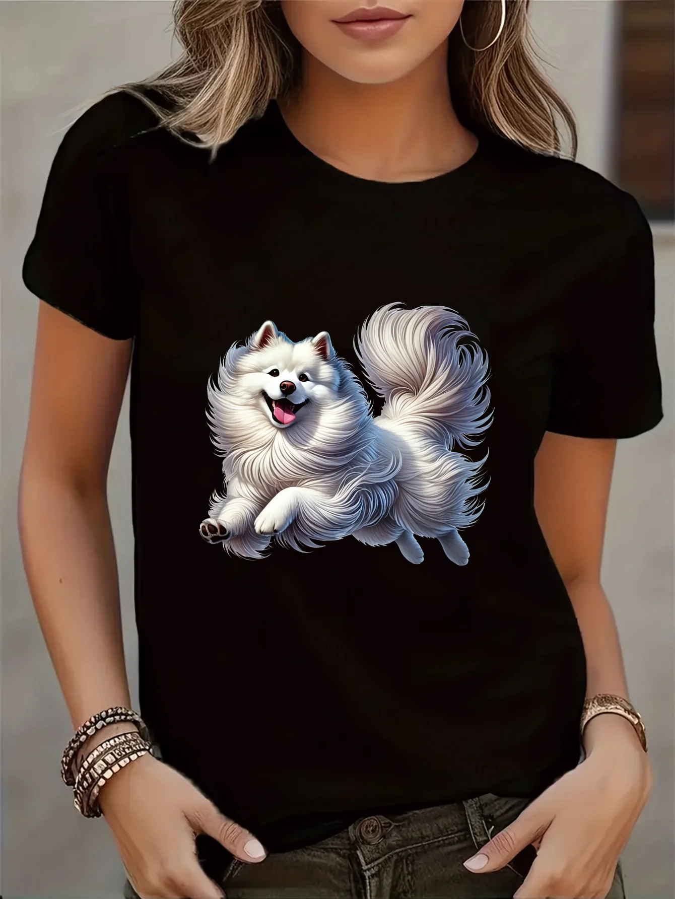 Women'S Casual Crew Neck T-Shirt with Samoyed Dog Print, Short Sleeve, Regular Fit, All-Season Pullover Top, Dog T Shirts
