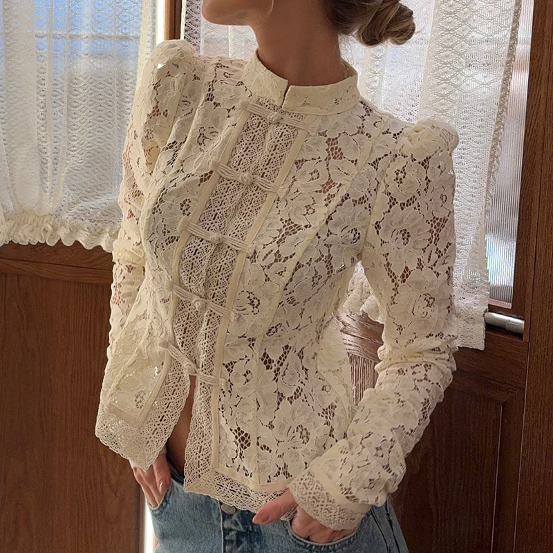 

Early Autumn Long Sleeved Embroidered Slim Blouses Lace Button Design Commuting Party Women Fashion See Through Sexy Top T-shirt