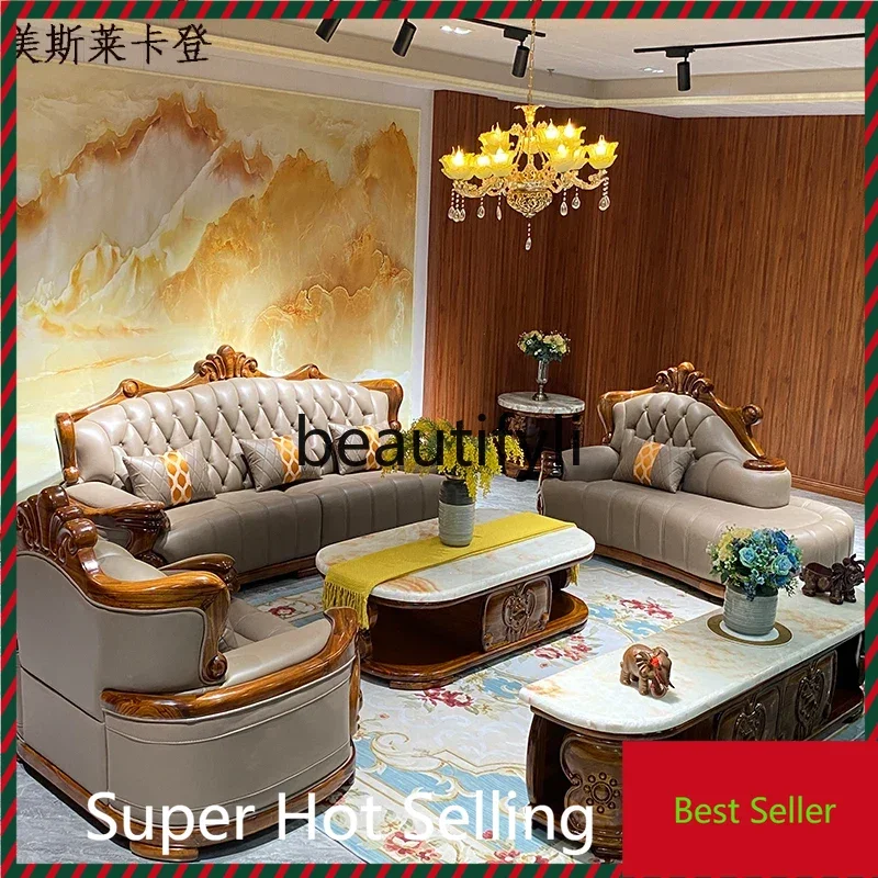 

A71European ebony leather sofa luxury large apartment with chaise longue combination