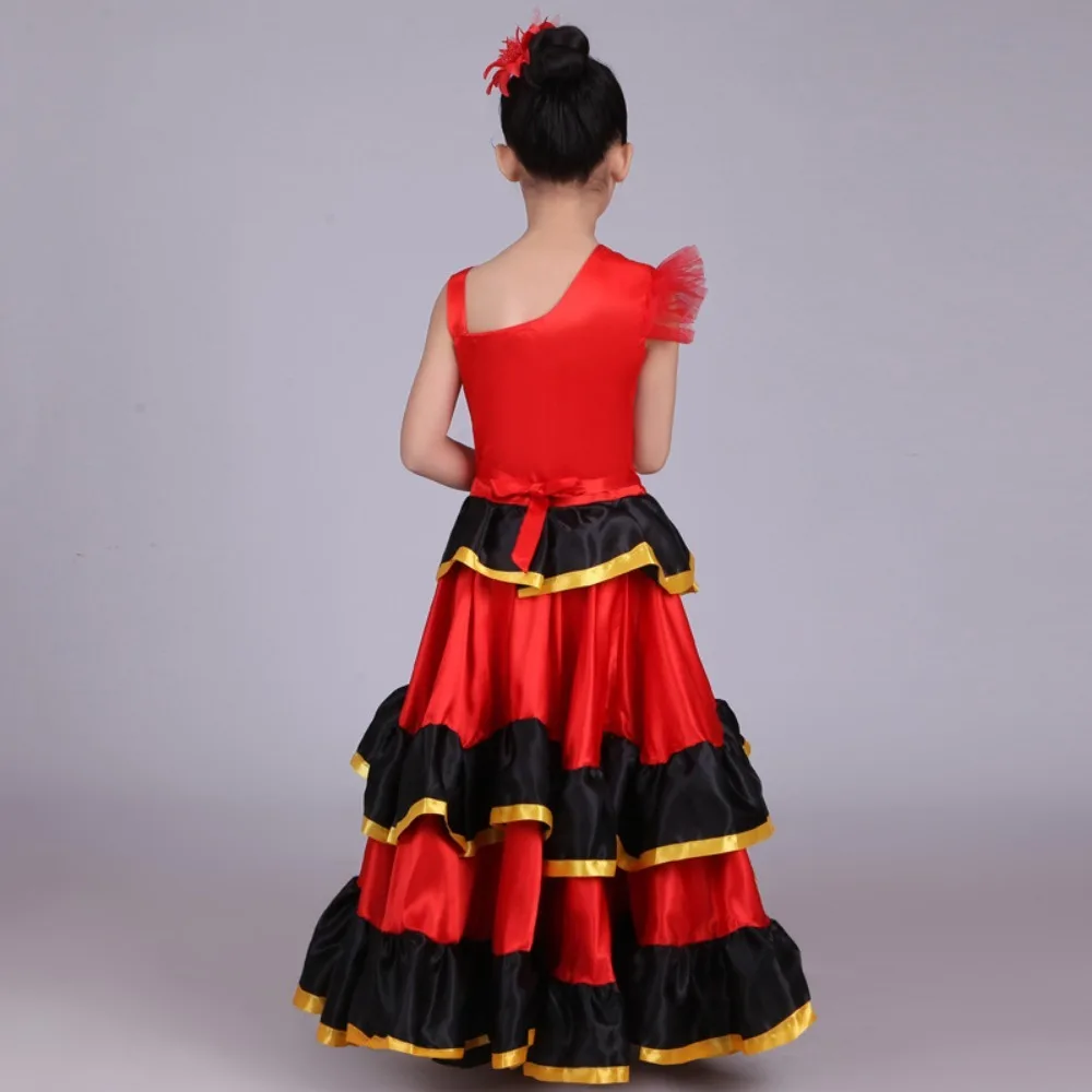 Abito Flamenco Spagnolo per Bambine, Vestito da Ballo con Balze a Strati in Raso, per Festival, Carnevale, Spettacoli Teatrali e Danza