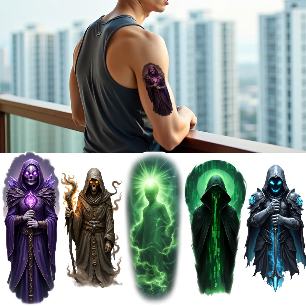

3pcs Temporary Tattoo Arcane Symbols Realistic Temporary Tattoos Glowing Elements Hooded Figures For Women Adults Arms