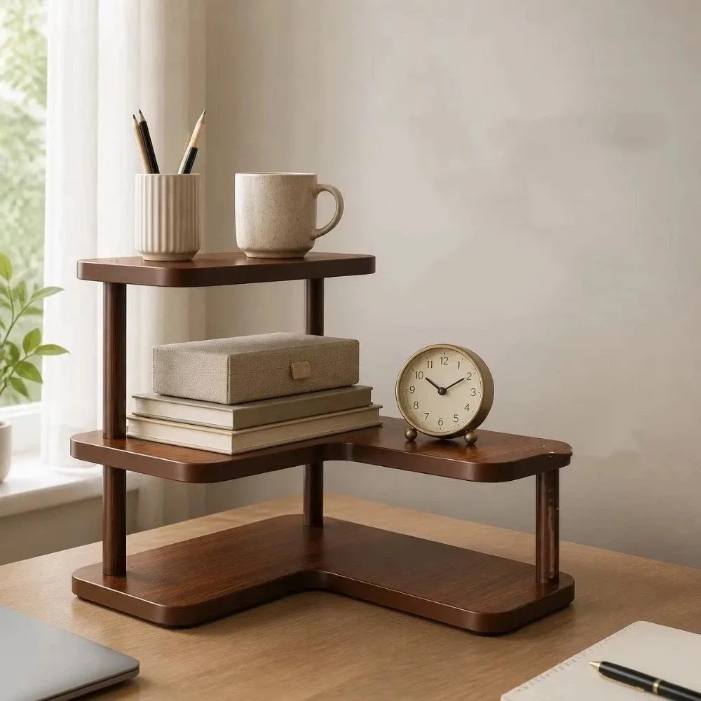 Bamboo Corner Desktop Shelves Rounded Edges Large Capacity Multi-layer Storage Shelf Space Saving L-Shaped Display Stand