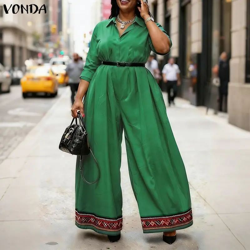 

Plus Size Women Jumpsuits VONDA Long Casual Rompers 2026 Elegant Office Lady Overall Patchwork Loose Long Sleeve Playsuits