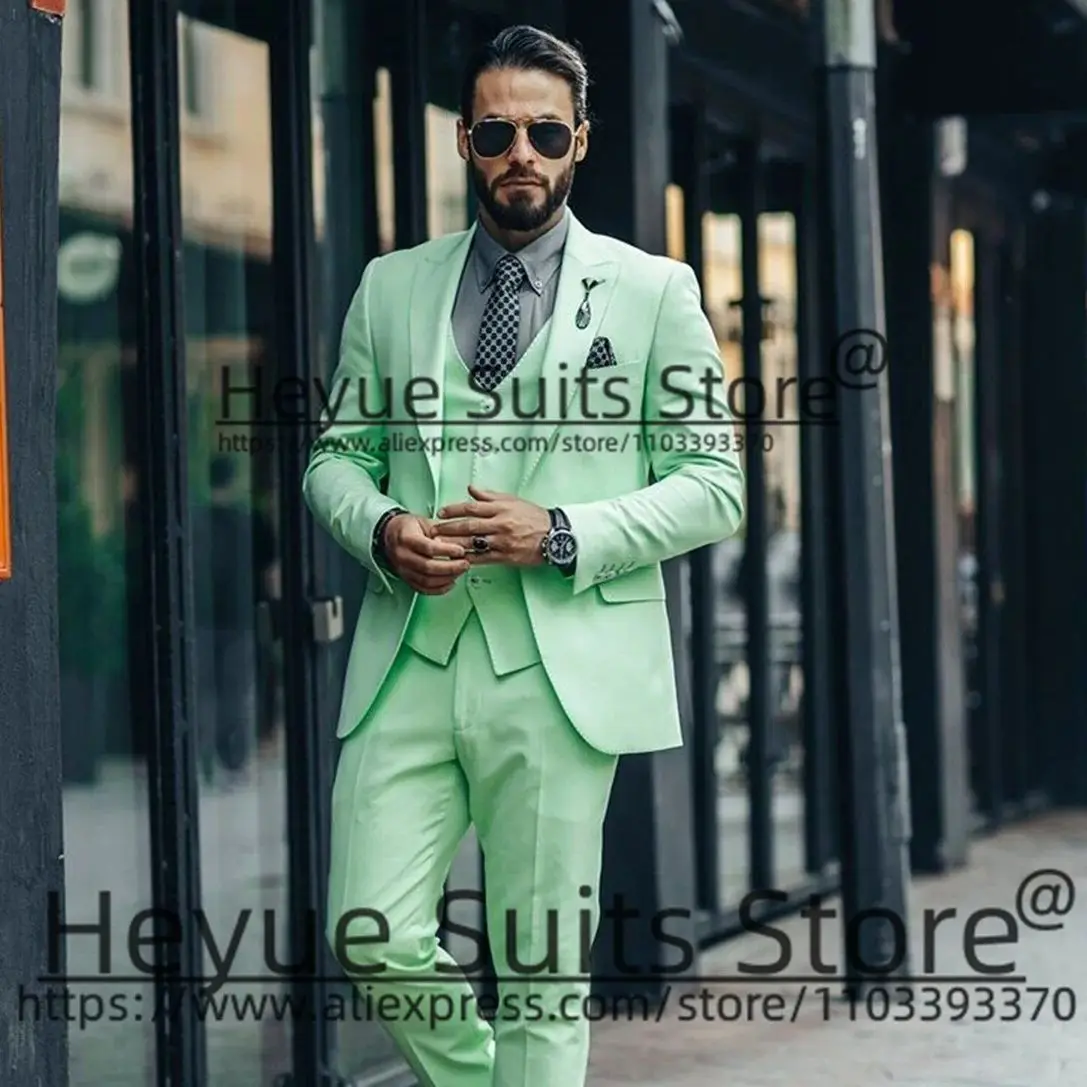 Mint Green Wedding Suits For Men Slim Fit Single Breasted Groom Tuxedos Party 3 Pieces Sets Fashion Male Blazer Trajes De Hombre