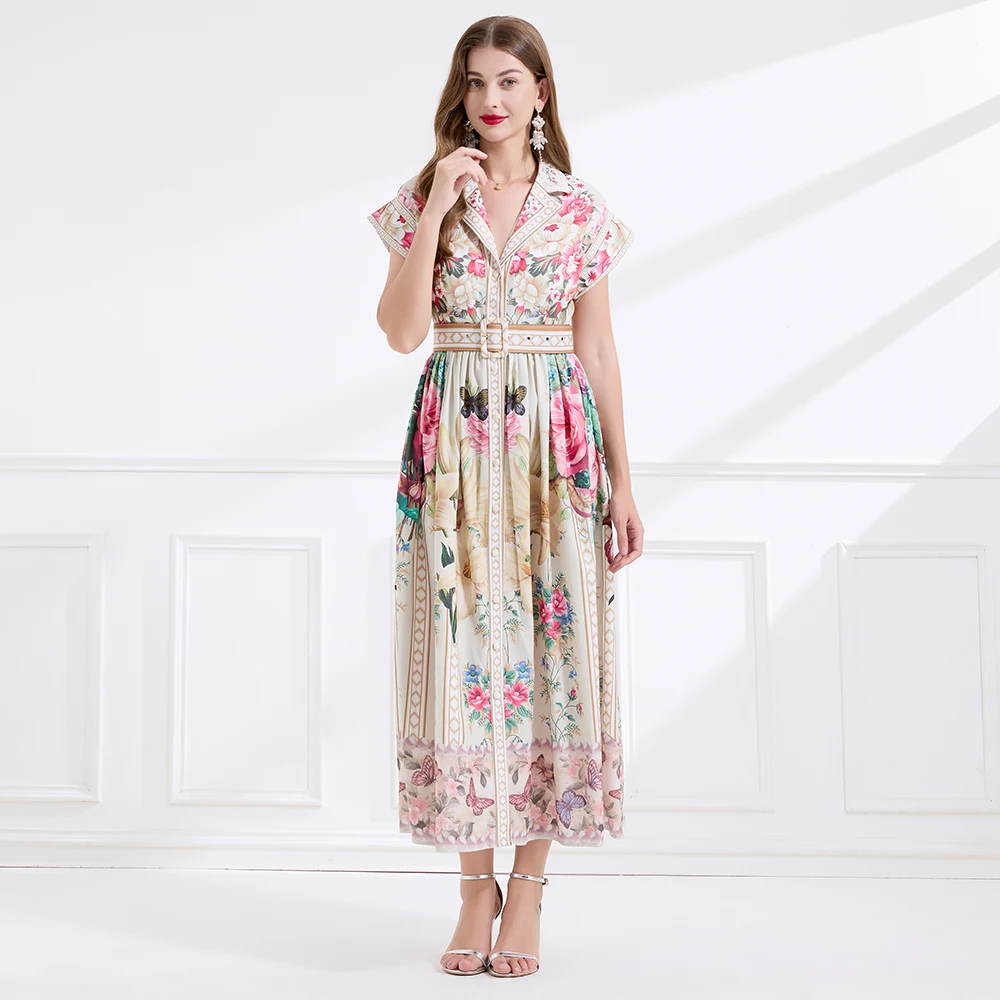 

Vintage 2025 Court Style Suit Collar Short Sleeve Waisted Floral Printed Long Maxi Dress For Women
