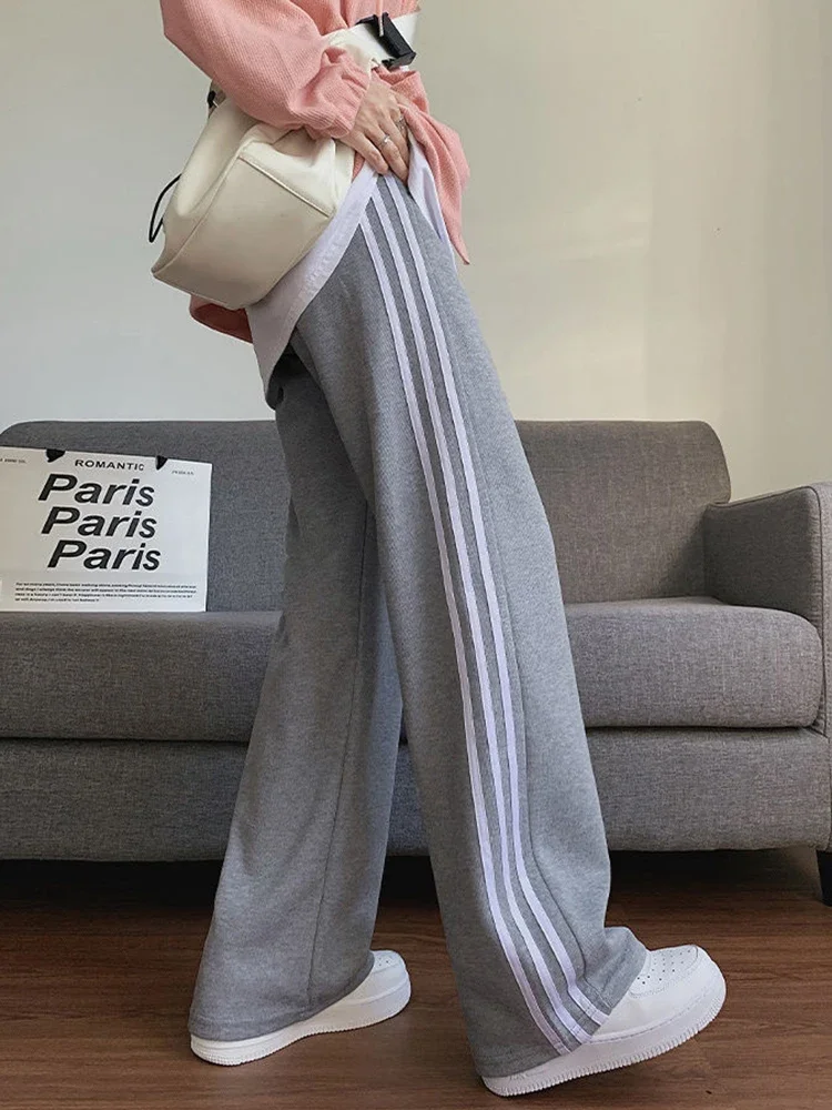 GIDYQ Harajuku Striped Sweatpants Women Y2k Streetwear High Waist Wide Leg Pants Korean Loose Hip Hop Straight Trousers Grey