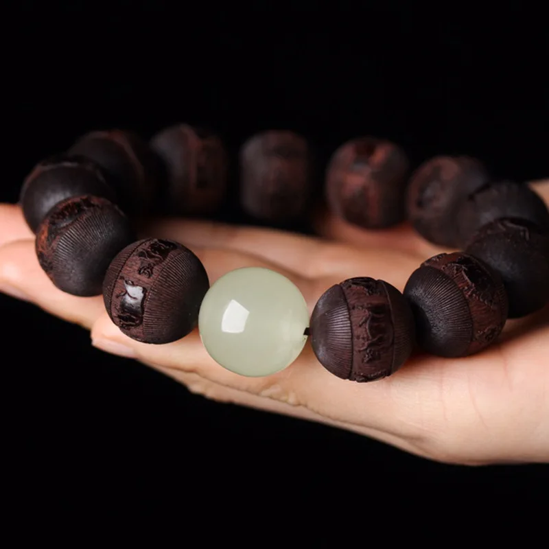 Pterocarpus Santalinus Carved Wuniu Figure Luminous Stone2.0Bracelet Buddha Beads Men and Women Rosary Bracelet Plaything