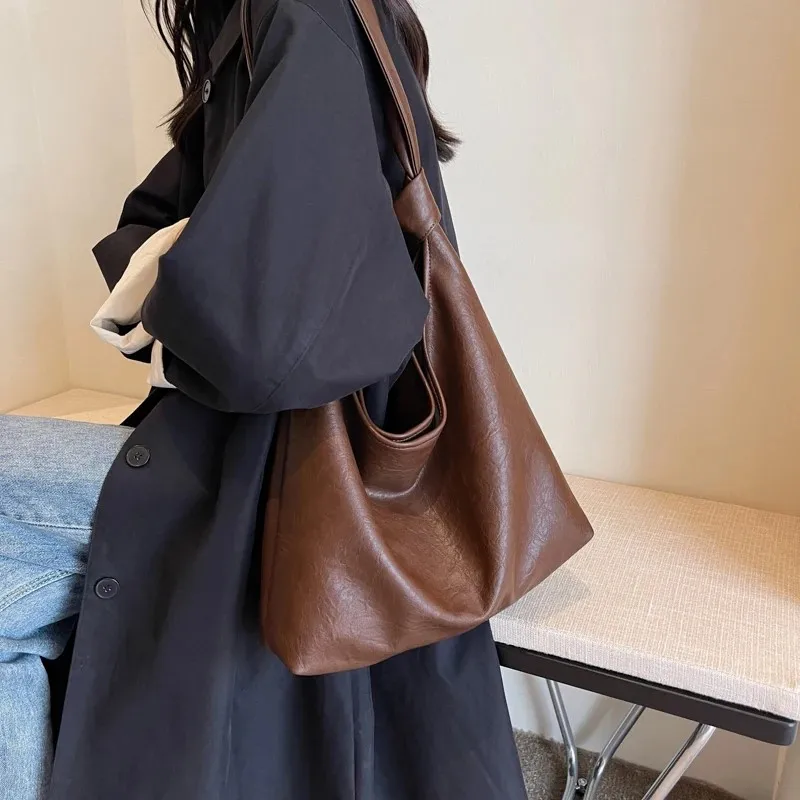 Retro Leather Tote Bag Women Large Capacity Shoulder Bags Luxury Fashion Brown Handbags Shopping 2024 New Big Underarm Hobo Bag