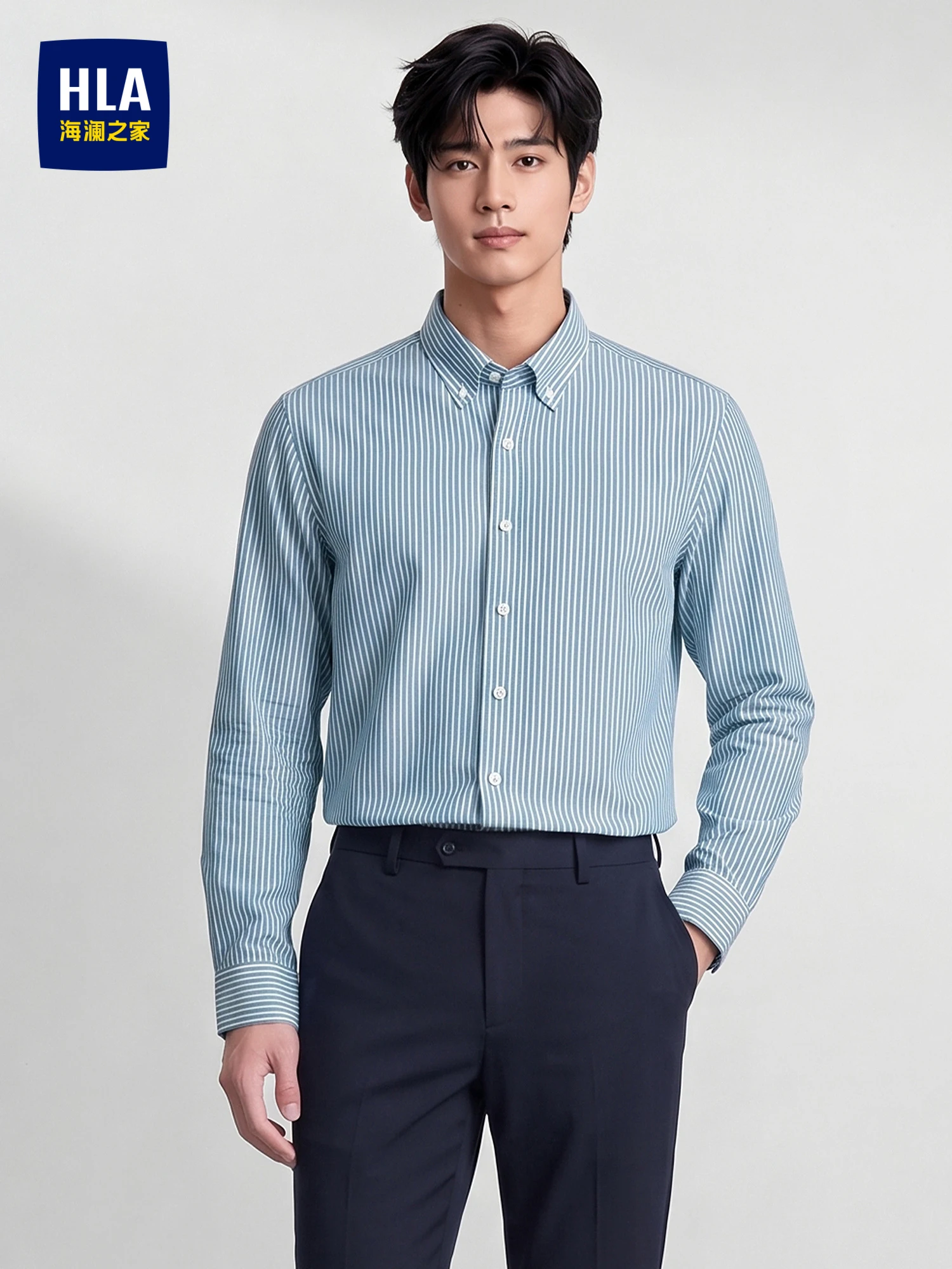 HLA Sea Home Standard Fit Long Sleeve Fleece Lined Shirt New Button Collar Stripe Pattern Men's Casual Business Shirt