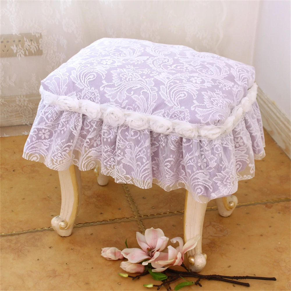 Purple Pink Rose Lace Stool Cover Home Decoration Bedroom Bedside Table Chair Cushion Tablecloth Dust Cover Princess Style
