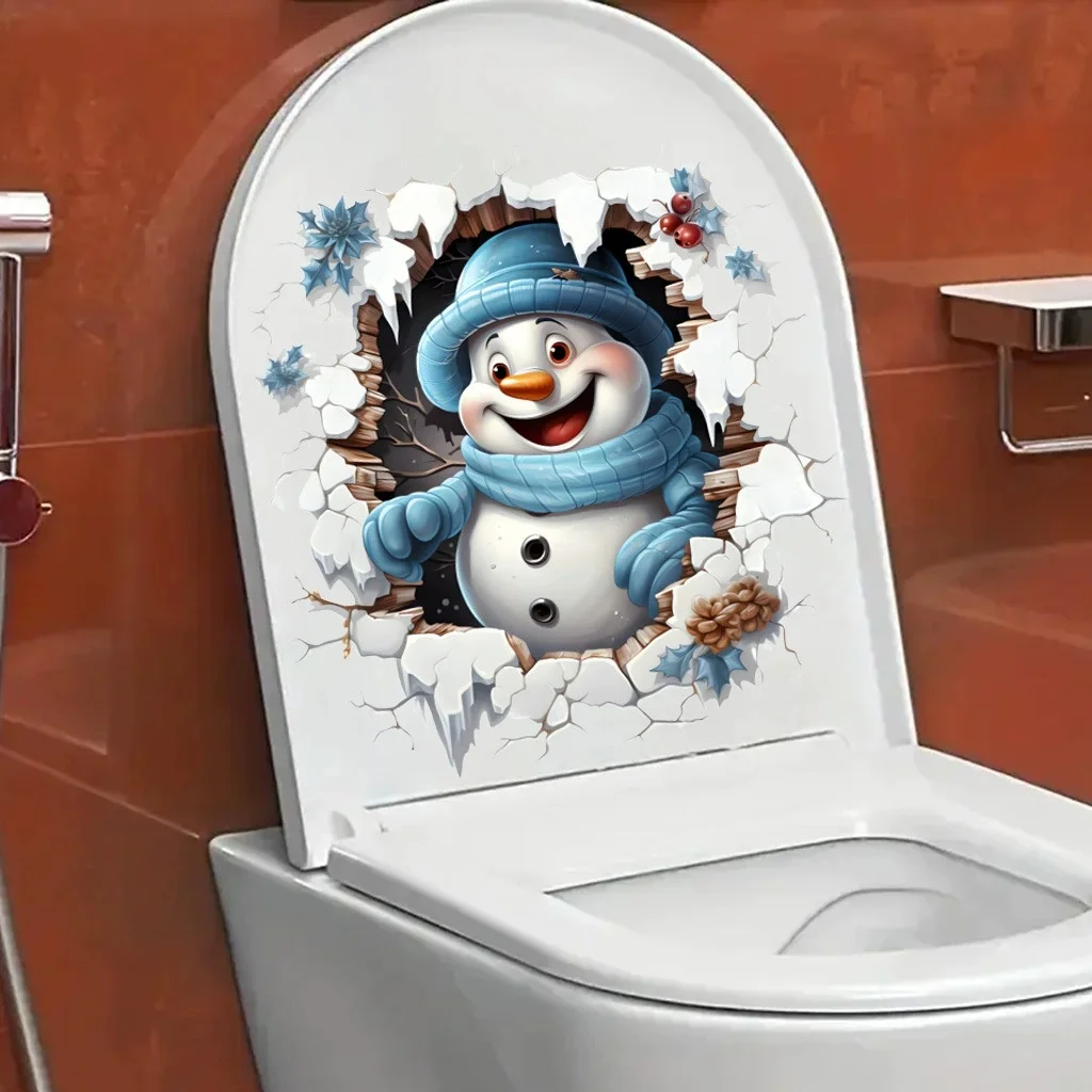 Cartoon Christmas Snowman Wall Sticker Bathroom Toilet Decoration Mural For Christmas Room Decor Self-adhesive New Year Decals