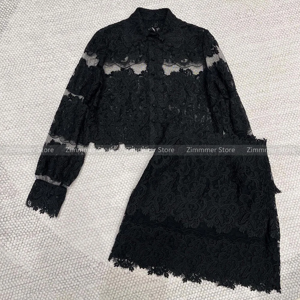 No returns! Women's 2024 Early Autumn French Heavy Three-Dimensional Lace Embroidery Shirt Top + Hip Skirt Set