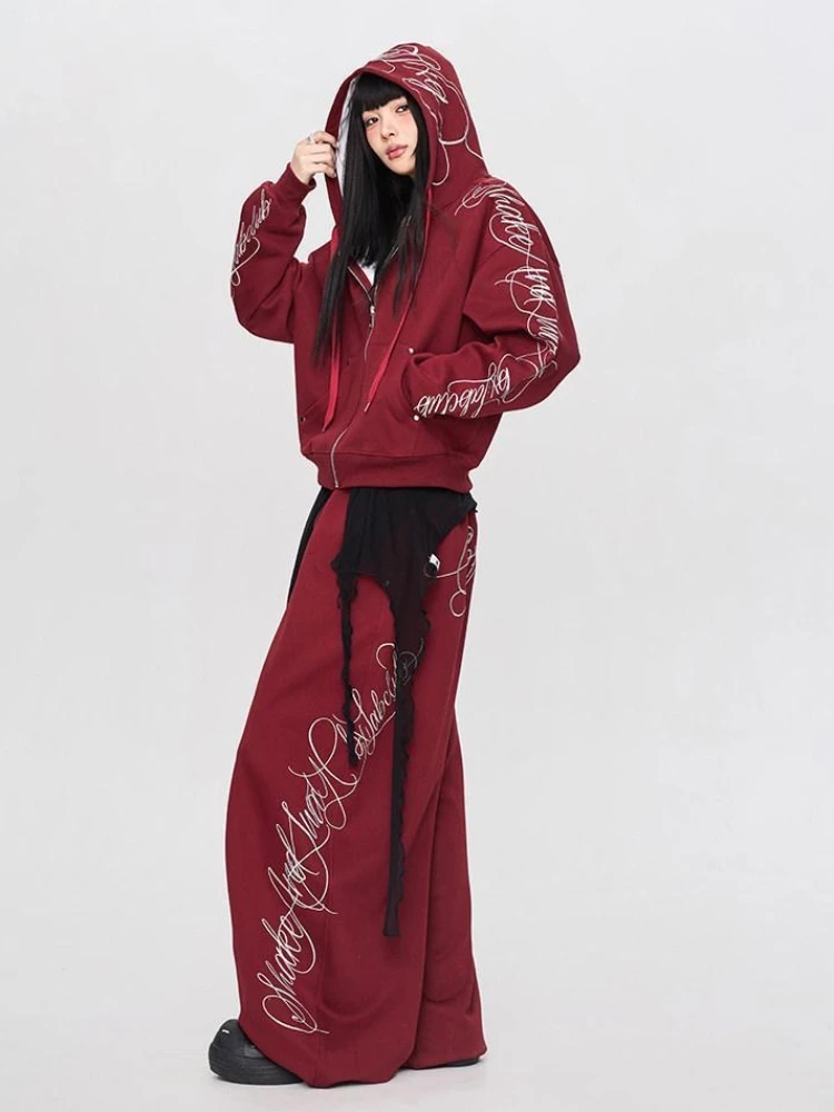 Hip Hop Women Tracksuit Handwritten Script Embroidery Hooded Sweatshirt + Baggy Wide Leg Pants 2Pcs Streetwear Outfit