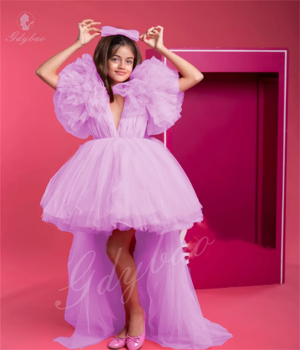 Roze asymmetrische lengte bloemenmeisjesjurk met pofmouwen voor eerste communiefeest voor kinderen, aanpasbaar, aanpasbaar