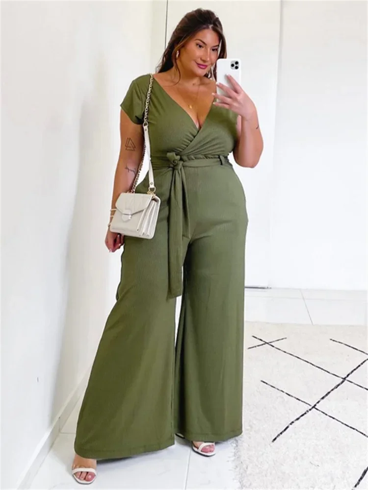 Wmstar Plus Size Women Clothes Jumpsuit  Solid Off Shoulder with Bandage Summer Beach V Neck New Style Wholesale Dropshipping