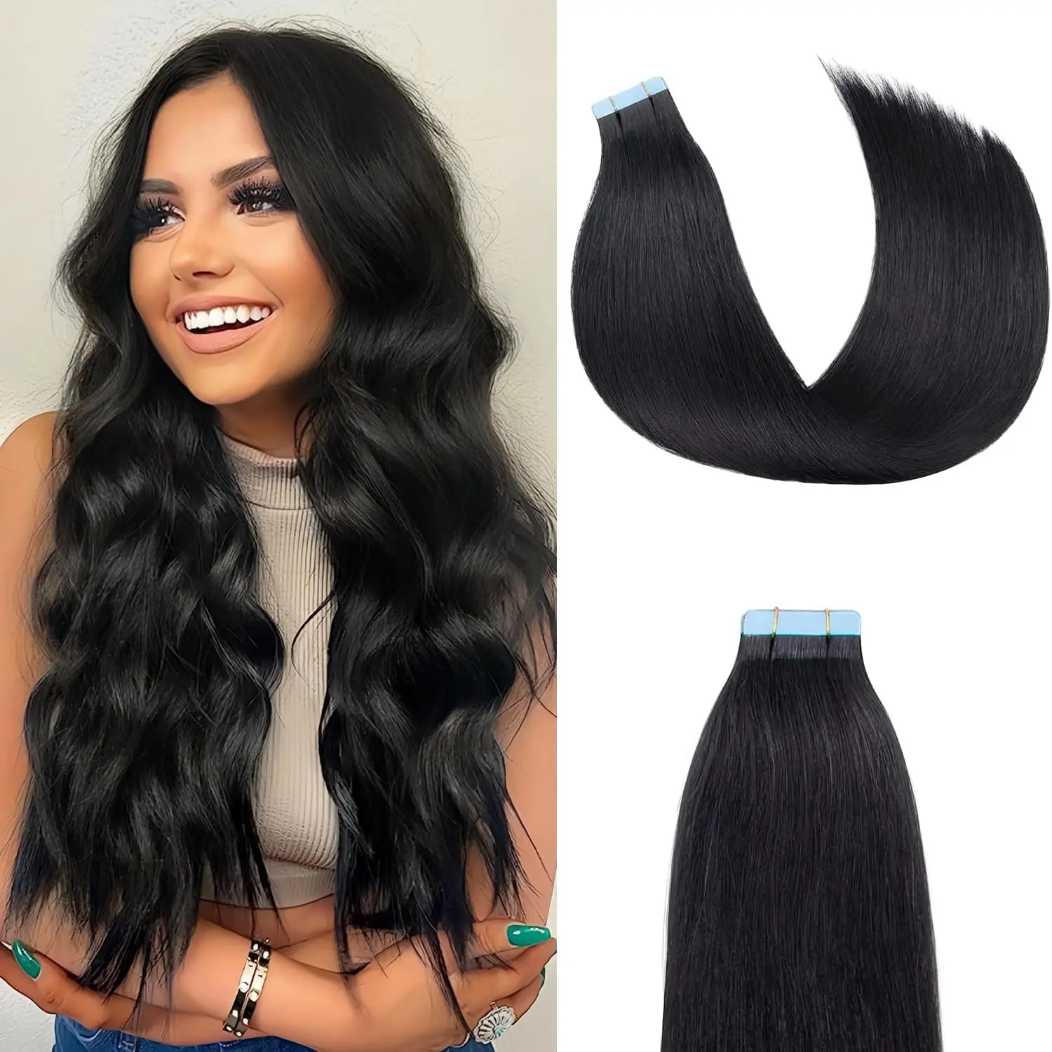 Remy Human Hair Tape Extensions, textura sedosa, Full Thick Termina, grau profissional