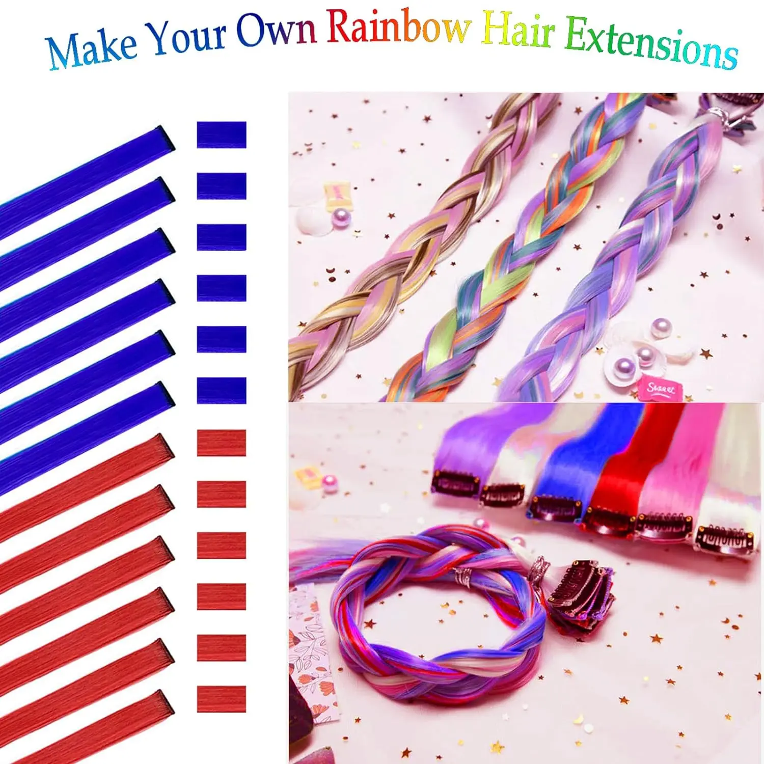 Synthetic 10 PC Hair Extensions Red and Blue Clip in SOlldag Colored Party Highlights Straight Hairpiece for Kids Girls Women