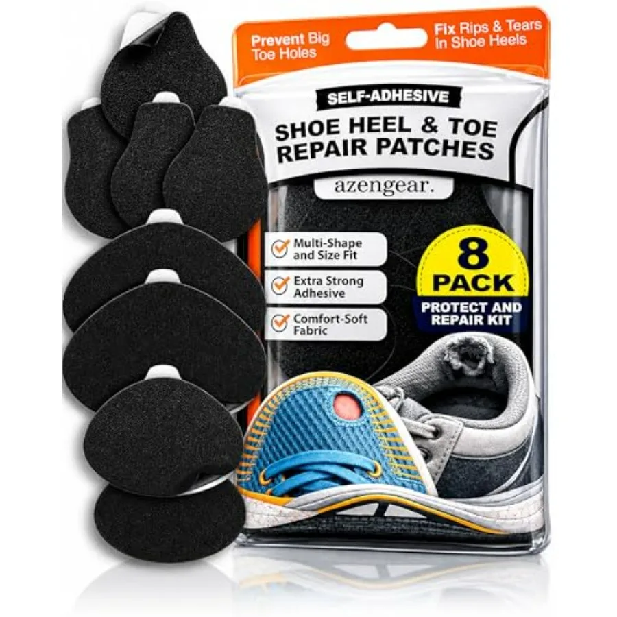 Shoe Heel Repair and Big Toe Hole Preventer Patch Kit: Stick-On, Strong Adhesive, Rip-Stop, Soft Suede, 4 Pairs Multi-Size for