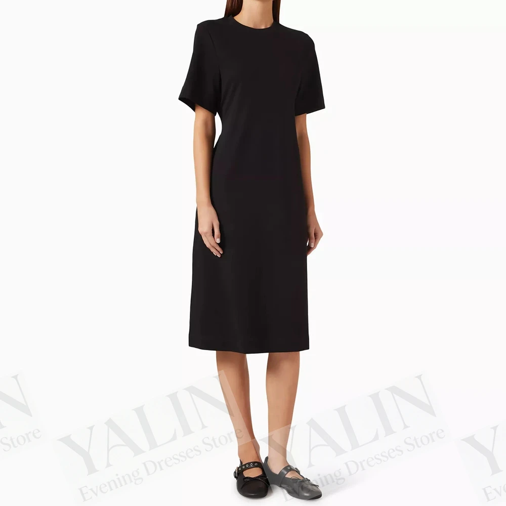 Women's Black Straight Evening Dresses Tea-length O-neck Short Sleeve Prom Dresses Simple Casual Customized Gowns