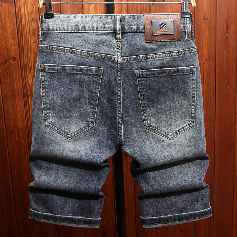 European Style Embroidered Denim Shorts for Men, Summer Thin Five-Point Shorts5Slim Fit American High Street Blue Shorts
