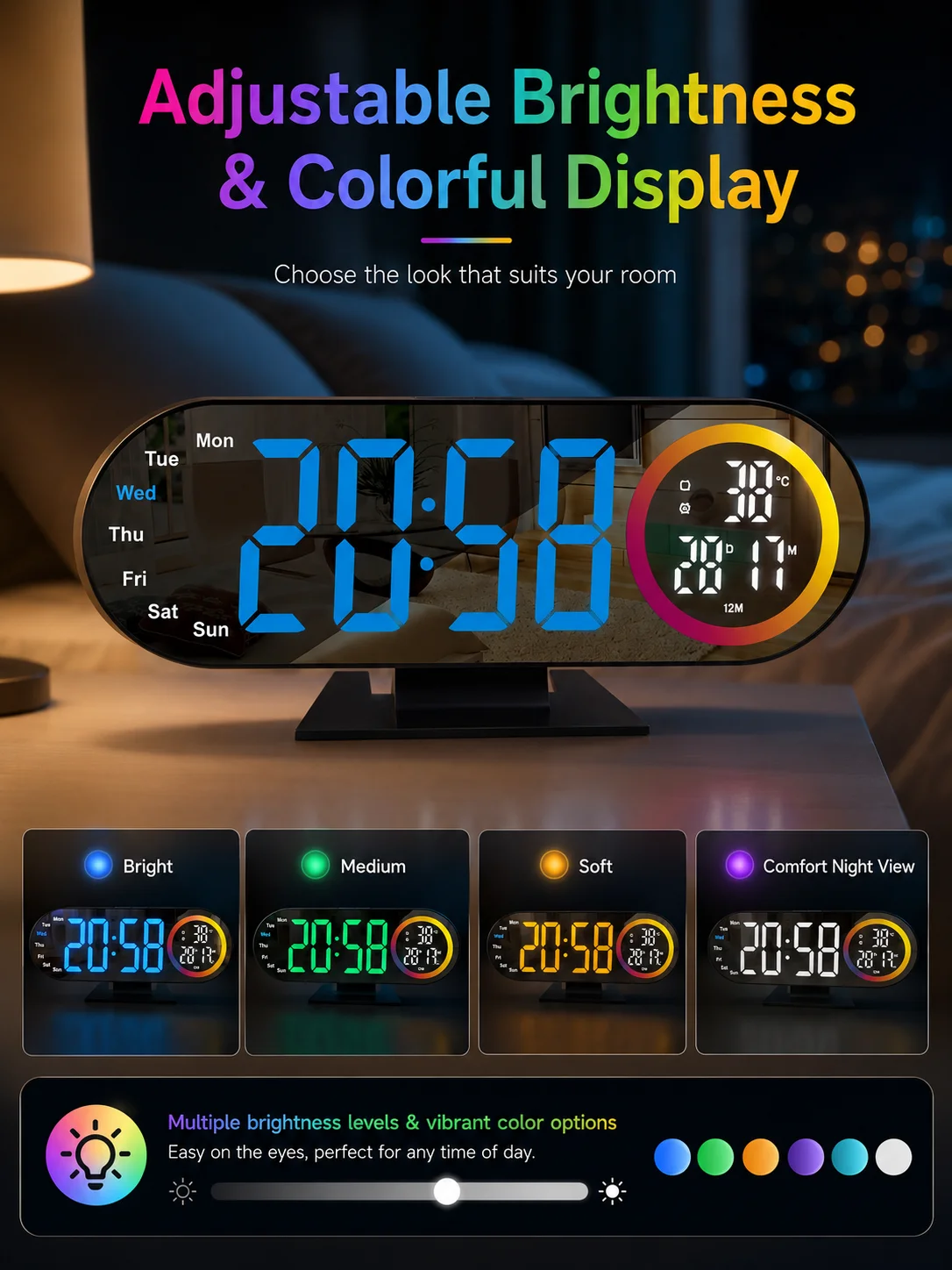 RGB Color Digital Alarm Clock Large LED Mirror Display Temperature Humidity Week Date Dimmable Brightness Bedroom Desk Clock