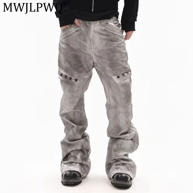MWJLPWQ Irregular Pocket Star Print Flared Wide-Leg Street Jeans For Men Women Washed Distressed Niched Design Trousers 21482
