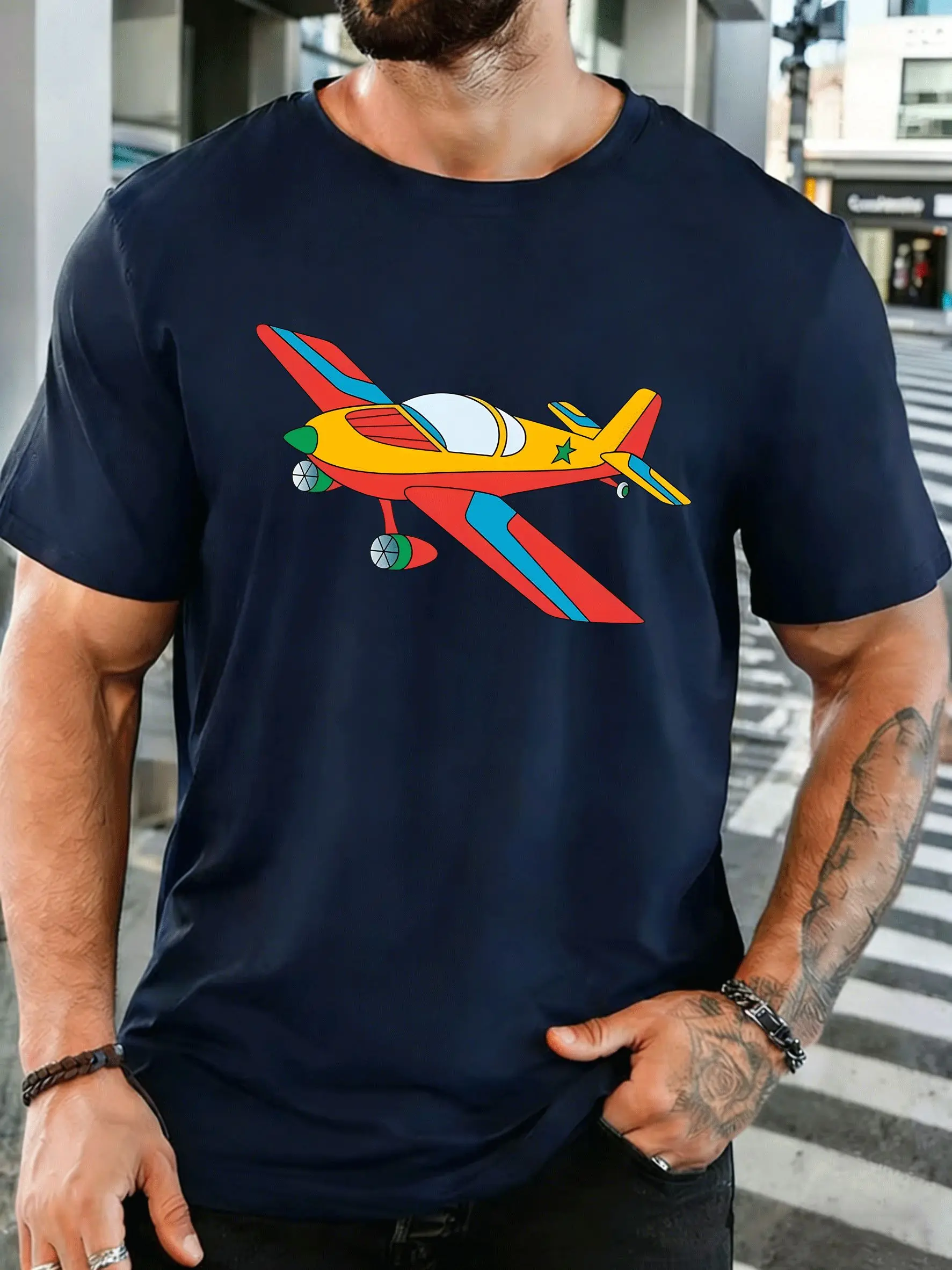 Colorful Cartoon Propeller Airplane Mens Front Print T Shirt Vintage Aircraft Graphic Tee Casual Short Sleeve Top Aviation Gift