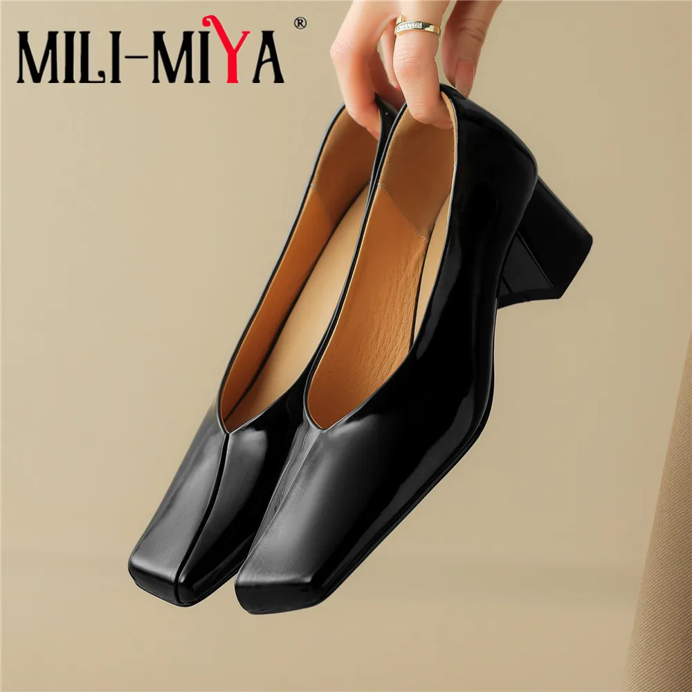 

MILI-MIYA New Arrival Asymmetrical Design Women Cow Leather Pumps Square Toe Thick Heels Solid Color Office&Career Shoes