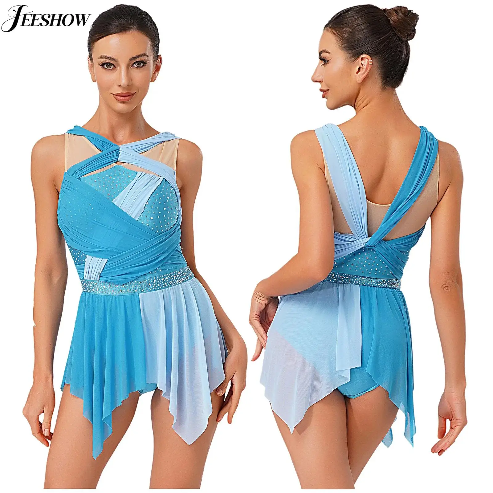 إمرأة غنائي ملابس رقص حجر الراين كتلة اللون شبكة Ruched الملتوية عقدة غير النظامية هيم يوتار فستان الشكل التزلج ارتداءها