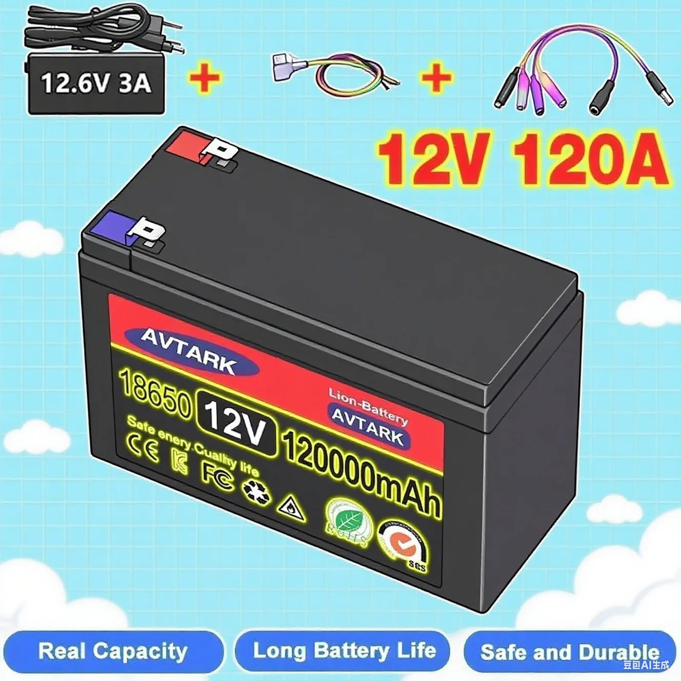 Paquete de batería de litio de 12V, 120Ah, 18650, fosfato de hierro y litio, BMS integrado para barco Solar + cargador de 12,6 V