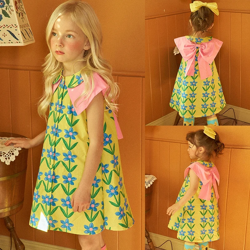 Kid Dress Sweet Printed Doll Collar Princess Style Sleeveless Dress Girl Fashion Retro Delicate Outing Casual Dress Party Outfit