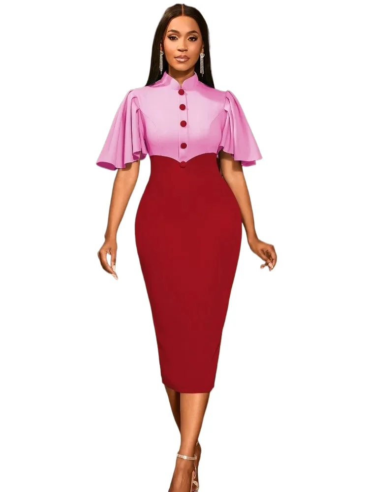 

Elegant Women Midi Dresses Stand Collar Pink Red Color Block Ruffles Short Sleeve Button High Waist Package Hip Bodycon Outfits