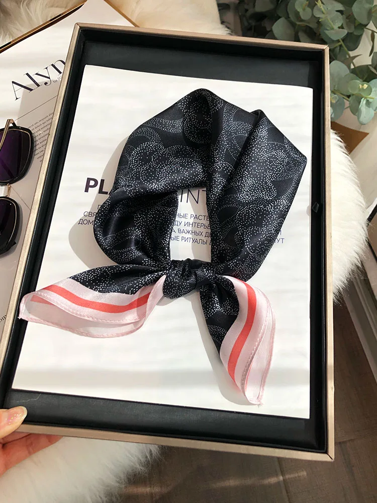 黒のシルクスカーフ-レディース-多用途-小さな正方形スカーフ-杭州ギフトシルク-00-桑絹-小さなネックスカーフ-花柄プリント-多機能