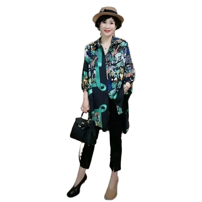 Spring Summer Mid-Long Shirt Coat Women 2024 New Fashion Loose Shirt Skirt Single-Breasted Printing Green Outerwear Female