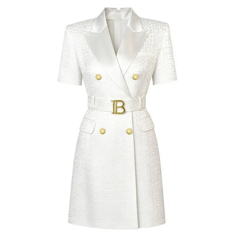 

Fashionable Silk Short Sleeve Business Dress Women's Premium Pattern Commute Suit Dress Slim Fit Citywalk Double Button