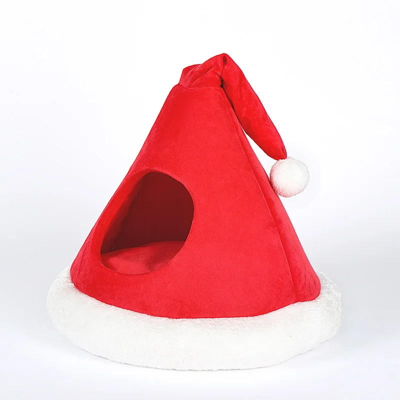 Lovely Christmas Hat Semi-enclosed Cat Nest  Keep Warm in Winter  Kennel All-season Pet Bed