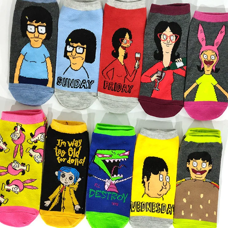 Funny Ankle Cartoon Socks Women Happy Low Cut Movie Anime Wine Burger Character Couple Fuzzy Socks