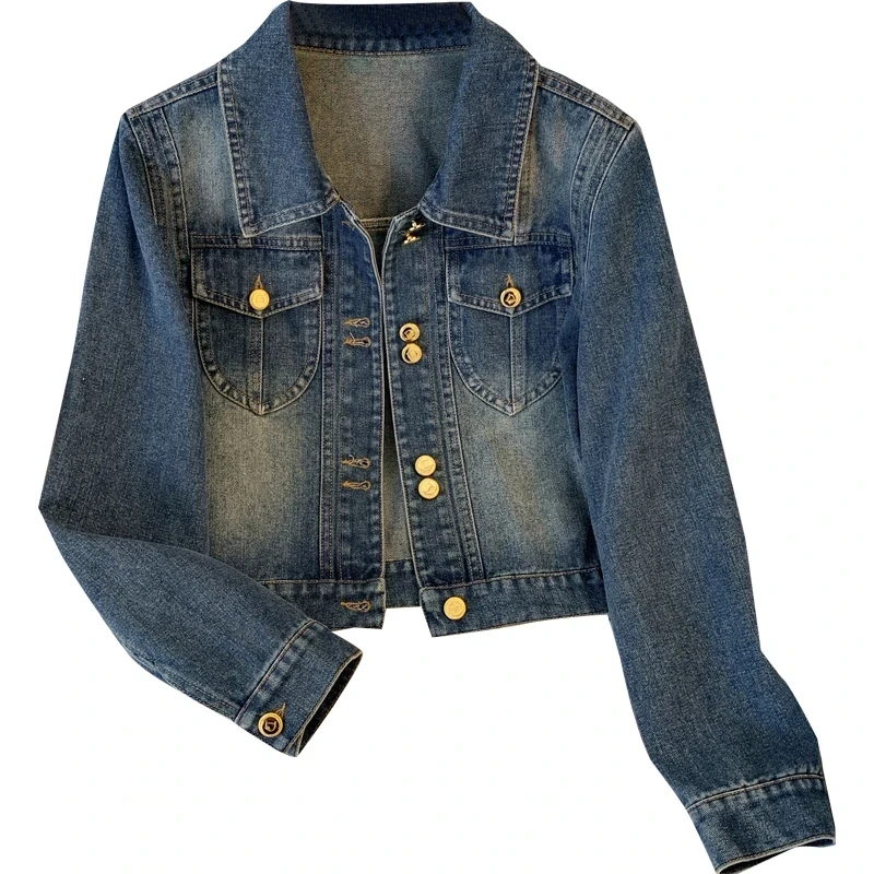 20245 Korean Female Loose Fit Cowboy Coat American Women Long Sleeves Jeans Jacket Autumn Ladies Splicing Together Denim Outwear
