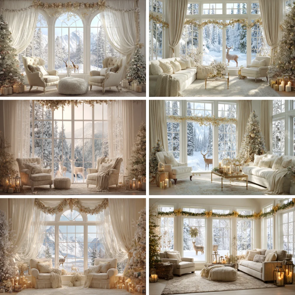

Photography Background Winter Christmas Beige Indoor French Window Gift Kids Family Portrait Decor Backdrop Photo Studi