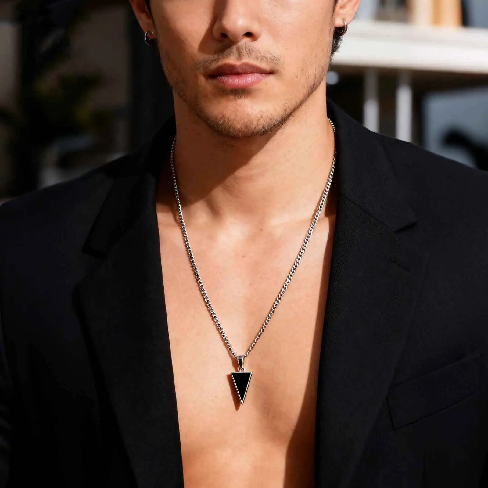 رجل الثلاثي العقيق الأسود قلادة قلادة، مقاوم للماء الفولاذ المقاوم للصدأ الحجر الطبيعي هندسية قلادة، هدية حفلة عيد ميلاد