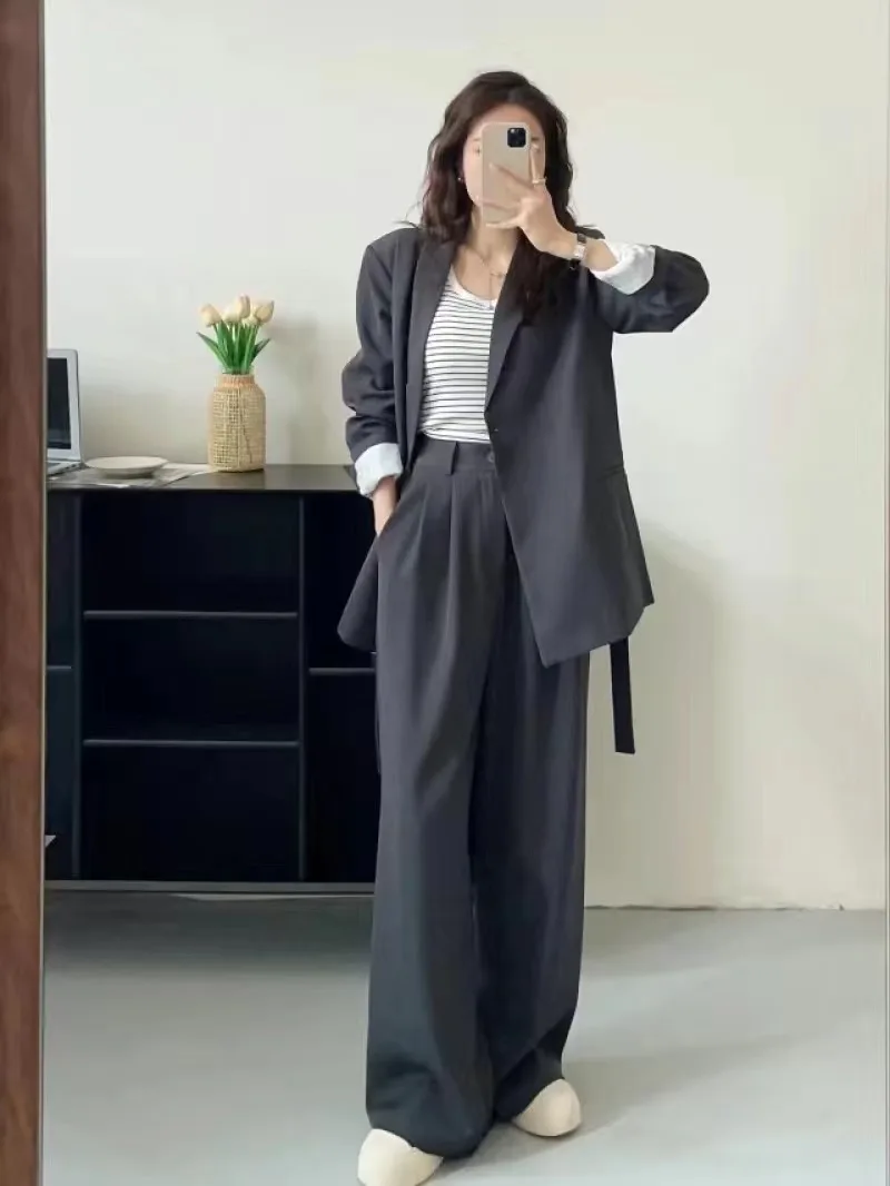 Two-Piece Sets for Women, Turn-down Collar, Long Sleeve, Lace-up Blazer, Coat + Wide Leg Loose Pant Suits, Monochromatic, Autumn