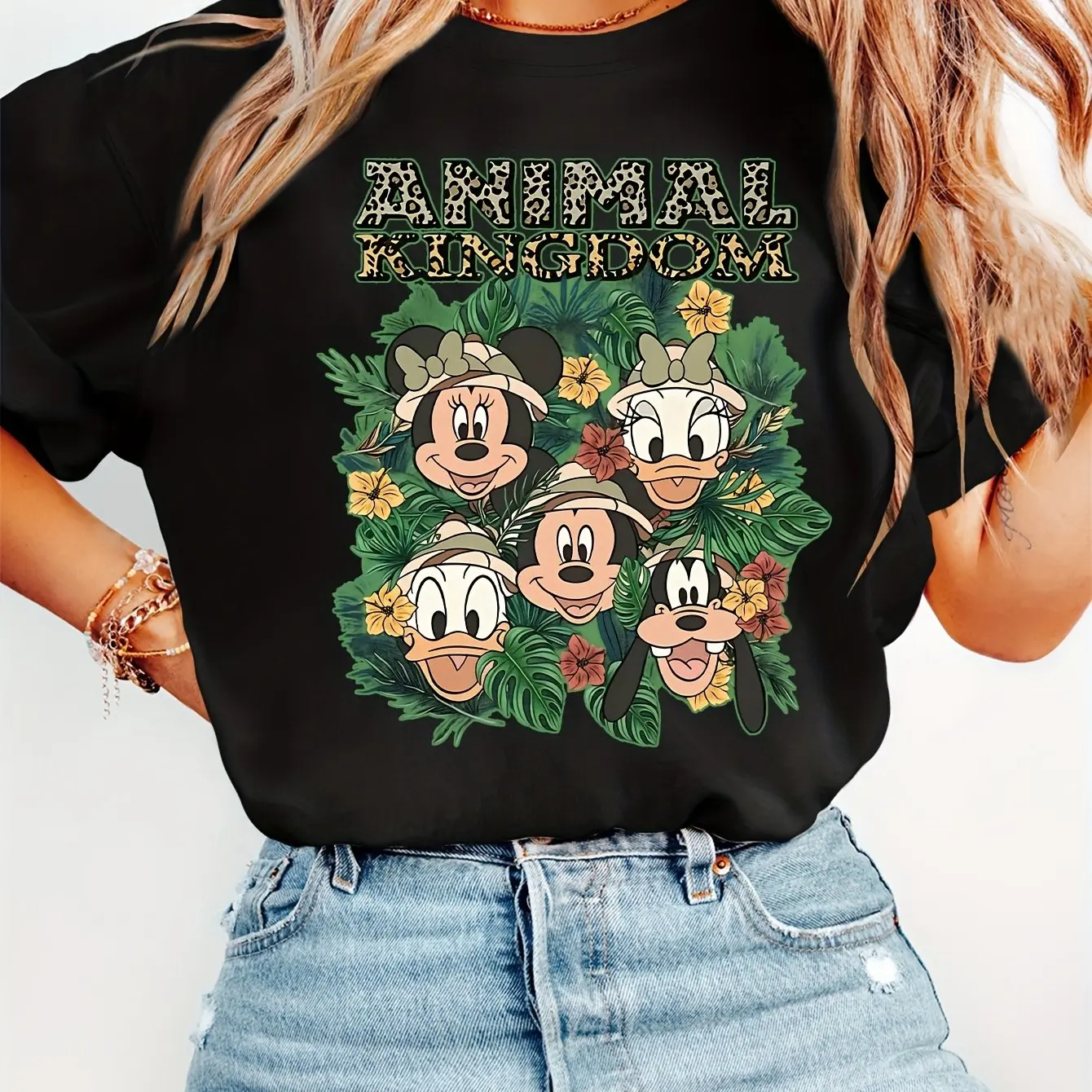 

Women's Disney Official Vintage Tropical Jungle Adventure T-Shirt - Soft Pink Pastel Tee with Mickey, Floral & Animal Kingdom