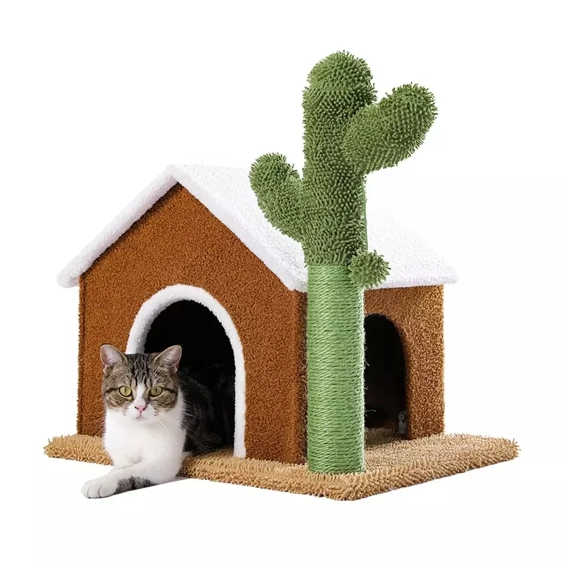 2 In 1 Cactus Cat Tree Cat Scratch Post With Spacious Apartment And Hanging Ball