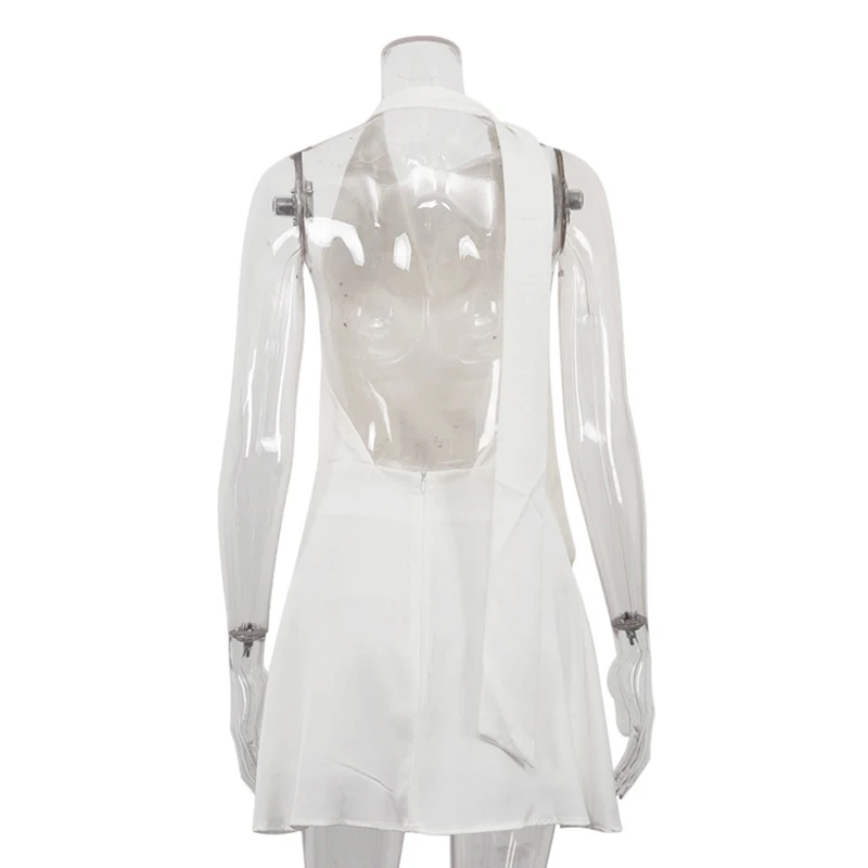 White Halter Backless Dresses Spring Women Sleeveless Satin Lace Up Dress Autumn High Waist Zipper Slim Neck Mounted Mini Dres