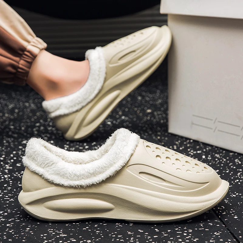 Men's Autumn and Winter Eva Fleece-Lined Cotton Shoes with Thick Plush Lining for Warmth, Integrated Waterproof Thick Sole, Non-Slip, Suitable for Home and Outdoor Casual Wear