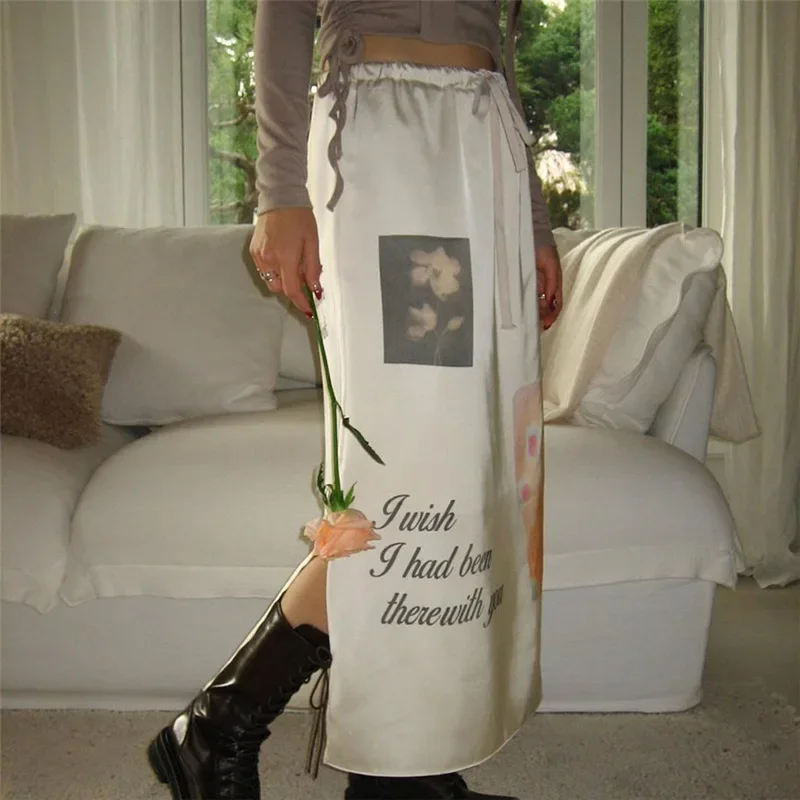 Street Fashion Women Butter Color Printed Skirts Drawstring Waist Side Slit Skirts Y2K Lady Art Students Loose Straight Skirts