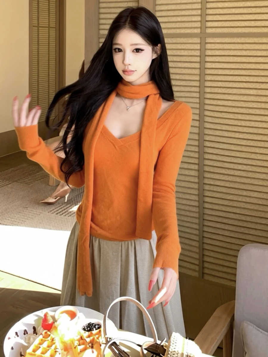 Slimming V-Neck Long Sleeve Knitted Base Shirt Tunic with Sash Casual Style Comfortable Fit Women's Fashion Breathable Skin-F...