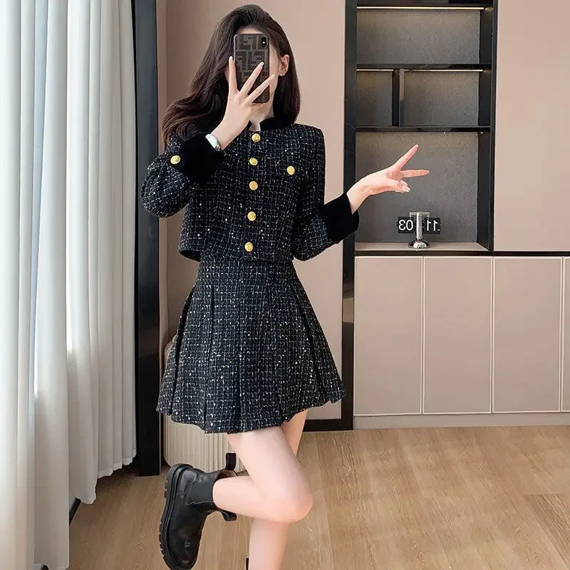 Chic Style Fashion Set for Women Autumn and Winter 2024 Petite Socialite Two-Piece Skirt Outfit Girl Female Office Lady Clothing